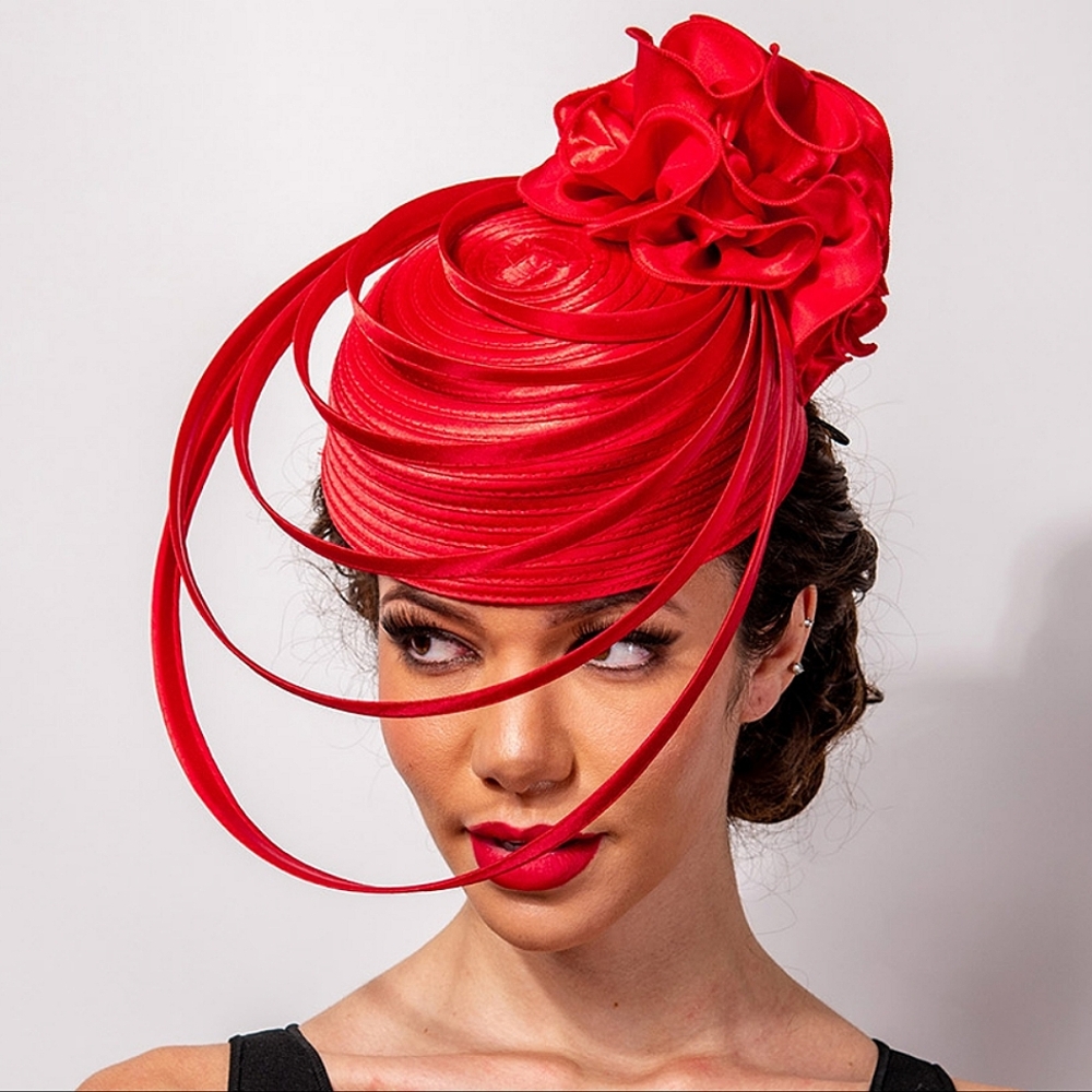 Red Swirl Fascinator Dressy Bow Church Hat Womens Derby Pillbox Fascinator